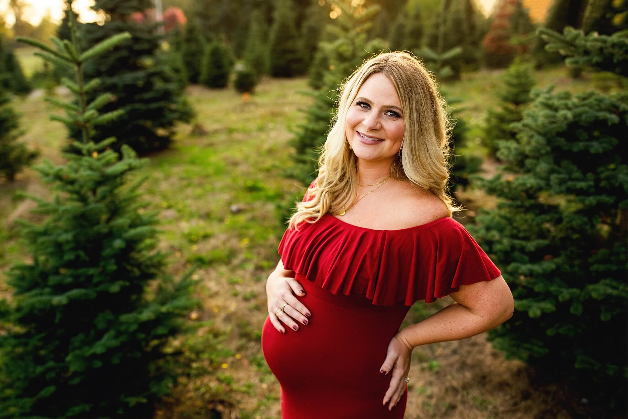 sunset maternity session at tree farm