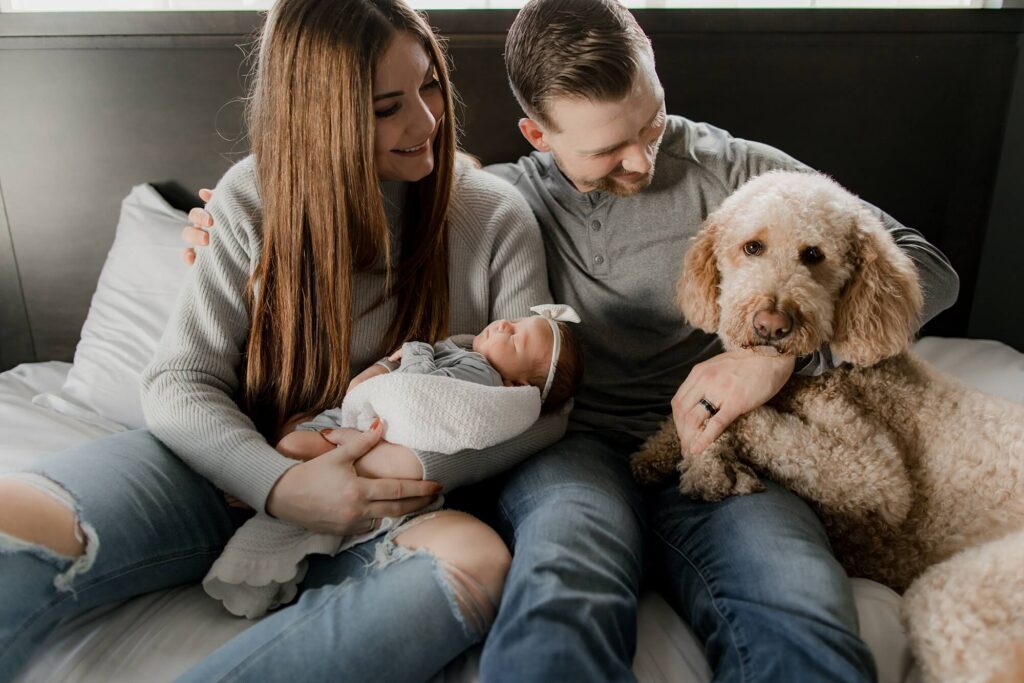 auburn family newborn in home lifestyle session with baby girl and dog