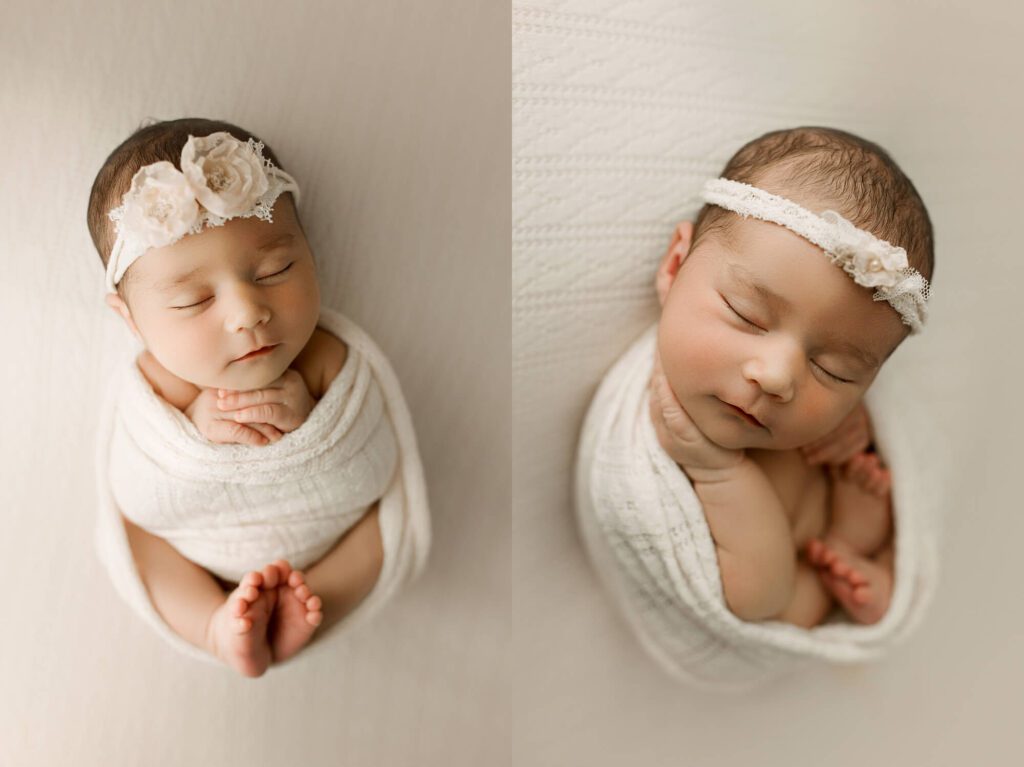 sleepy newborn wrapped in neutral tones by Puyallup newborn photographer