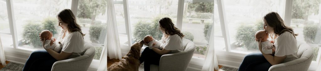 mother holding newborn during Seattle in-home newborn photography session with soft natural light