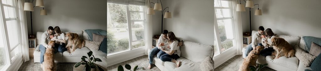 Seattle newborn photography in-home lifestyle session with parents holding newborn baby in natural light