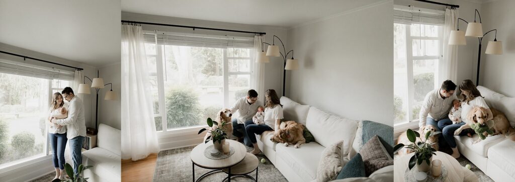 Seattle newborn photography family with dog in-home lifestyle session showing parents holding baby with pet nearby