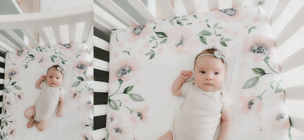 baby girl in crib for newborn seattle photo session