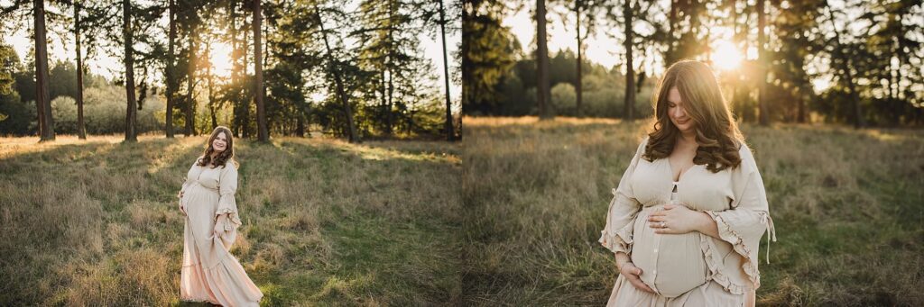 Pregnant mother wearing a neutral maternity gown during a maternity session in Tacoma WA