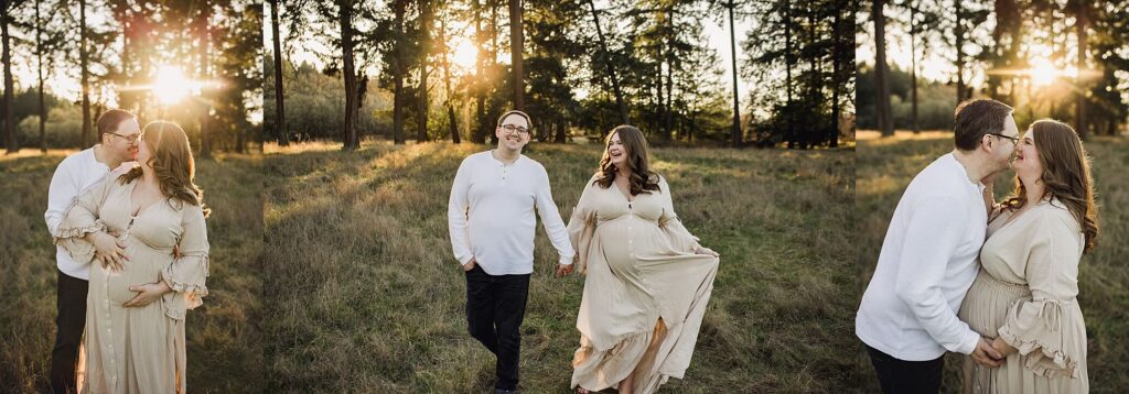 Family maternity photos in Tacoma featuring parents embracing outdoors