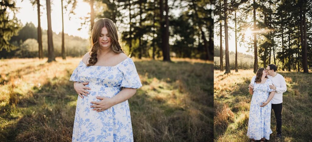 Pregnant mother wearing a flowing maternity gown during a maternity photography session in Tacoma