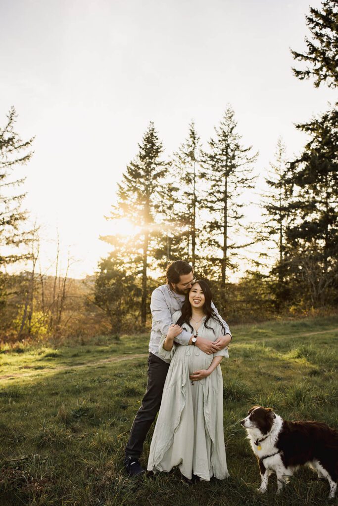 Family celebrating pregnancy during an outdoor maternity session near Seattle