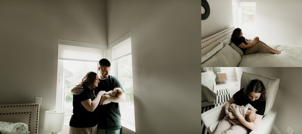 Parents holding their newborn during an in-home photography session in Seattle